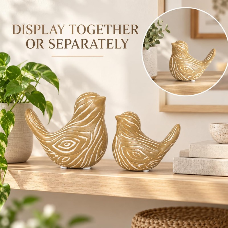 2 Pack Wood Grain Ceramic Bird Figurines, Small Bird Statues