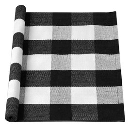 sourcing map Cotton Plaid Door Mat, Black & White Area Floor Rugs, Checkered Carpet for Indoor/Outdoor, Woven Washable Buffalo Mat, Retro Doormat Runner Rug for Front Porch/Kitchen 28"x43"