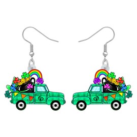 HUAGEO St. Patrick's Day Acrylic Clover Green Truck Earrings Pot of Gold Coin Car Dangle Jewelry For Women Vacation Gifts Charms (Green)