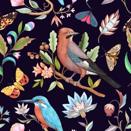 Wookmmy Vintage Black Floral Bird Peel and Stick Wallpaper Dark Botanical Design with Butterfly Removable Self Adhesive Vinyl Contact Paper for Cabinets Bathroom Wallpaper 17.7" x 70.8"