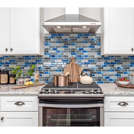 DEWOO Kitchen Backsplash Self Adhesive Wall 3D Marble Tiles Peel and Stick Bathroom, Blue (10-Sheet, 12"×12")