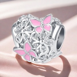 MiWangLing Pink Butterfly Daisy Flower Heart Charm Clear CZ Bead for European Bracelet