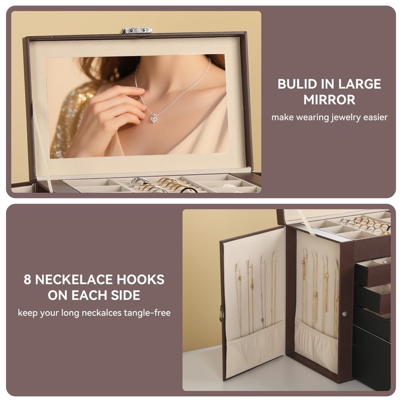 Frebeauty Large Jewelry Box,6-Tier PU Leather Jewelry Organizer,Multi-functional Storage Case
