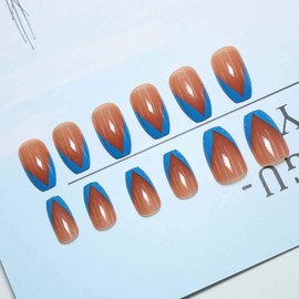 Yheakne V Shape Press on Nails Glossy French Ballerina Fake Nails Fashion Ombre Clip on Nails Full Cover Gradient Nails Artificial False Nails Tips for Women and Girls 24Pcs (Blue Tips)