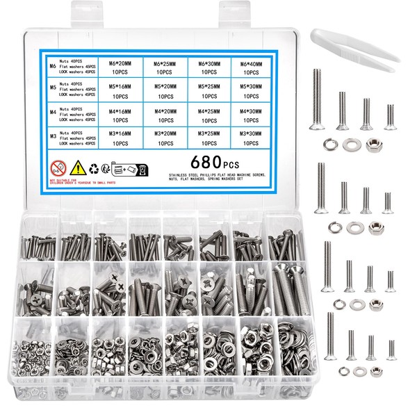 KOXXIAMOQ 680 Pcs M3 M4 M5 M6 Countersunk Machine Screws