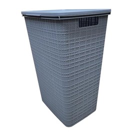 YBM Home Plastic Rattan Laundry Hamper Basket with Hinged Lid, Ventilation Holes, Durable, Lightweight Bin With Cutout Handles, Storage Dirty Clothes, Space Saver, 16.75" x 13.5" x 23.75", Light Grey