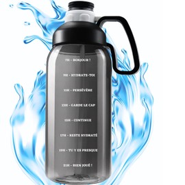 AQUAFIOLE Water Bottle with Scale for 1 Day in French - Water Bottle 2 L Motivation - Tritan BPA Free Water Bottle - Sports Water Bottle 2 L - Drinking Bottle Straw - Water Bottle for Camping