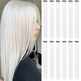 Olldag 22 Inch Colored White Hair Extensions Party Highlights, Straight Hairpiece Clip in Synthetic Hair Extensions for Kids Girls (12 Pcs White)