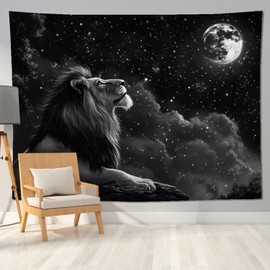 keowhsf Black and White Lion Tapestry – Cool Space Moon Stars Wall Hanging for Men, Aesthetic Lion Wall Tapestry for Bedroom, Dorm, Living Room Decor, Galaxy Animal Art