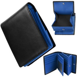 GSG 22098/24015 Men's Bi-fold Wallet, Genuine Leather, Box-Shaped Coin Purse, RFID Skimming Prevention, Bifold Wallet, Large Capacity, Popular Brand, Folding Saifu, 22098 (outer black + inner blue)