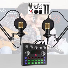 Squarock Podcast Equipment Bundle for 2, For 1 Audio Interface with DJ Mixer and Condenser Microphone,Audio Mixer Perfect for PC/Phone/Laptop,Recording,Streaming,Gaming - Color: (For 2) SR-AV803-2 GOLD