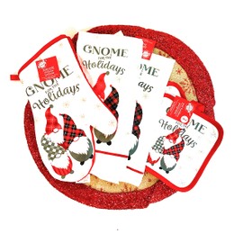 Greenbrier International Gnomes for The Holidays. 5 Piece Christmas Kitchen Set. 2 Kitchen Towels, 2 Pot Holders, and 1 Oven mitt!