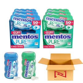Fresh Mint & Spearmint Mento_s Sugar Free Chewing Gum with Xylitol 50 Piece Per Bottle (12 Bottles Total), Variety Pack of Flavours in Nature Vista Box