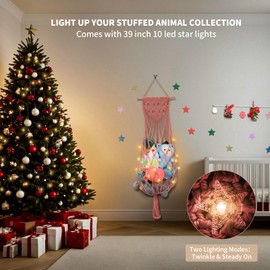 Stuffed Animal Hammock w/LED Star Light, 63 Inch Jumbo Toy Hammock Wall Hanging Plushie Net Holder for Boho Nursery Decor, Watermelon Red Stuffed Animal Storage Organizer for Kid Girls Boys Gift