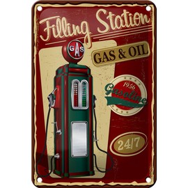 Femer Tin Sign with Retro Gasoline Filling Station Gas 24/7 Decorative Sign 12 x 18 cm