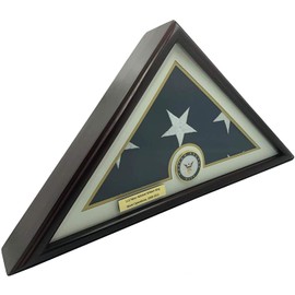 Coin and Coins - 5x9 Flag Display Case for American Veteran Burial Flag - Customize Name Plate | Solid Wood, Cherry Finish, Flat Base (Navy) (0053)