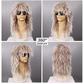 XILIYAI 80s Wig White with Brown Cosplay Wigs Long Curly Mullet Wigs Punk Heavy Metal Rocker Wig for Men and Women (White with Brown)
