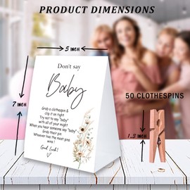 Don't Say Baby Game For Baby Shower Clothespin Game, One 5x7 Coated Paper Sign And 50 Natural Clothespins, Minimal Style, Gender Neutral -NDSBB39