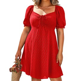 Red Plus Size Dress Valentines Day Milkmaid Summer Casual Short Puff Sleeve Cute Eyelet Babydoll Mini Sundress 2024