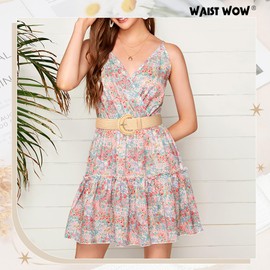 Straw Woven Elastic Belt for Women Stretchy Belts for Dress Fashion Boho Waist Belt Rattan Raffia Ladies Belts,half round buckle khaki 29"