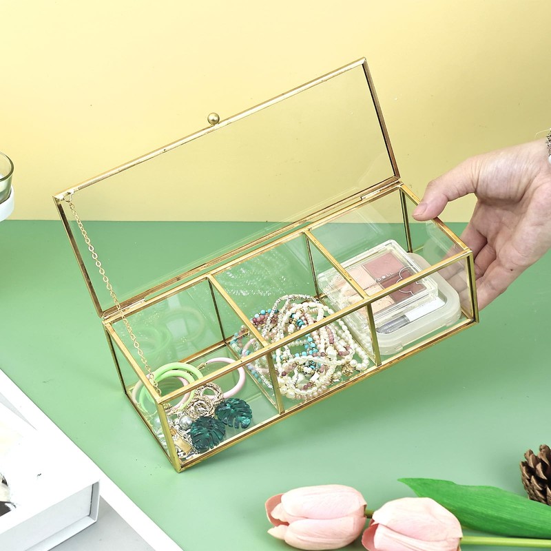 HighFree Gold Glass Tea Bags Box with 3 Compartments, Countertop