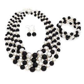 MeliMe Faux Big Pearl Srand Necklaces for Women 5 Layers Pearl Bib Collar Necklace Bracelet and Earrings set 1920s Costume Pearl Jewelry Bridal Wedding gift (black white)