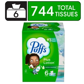 Puffs Plus Lotion Facial Tissue, 6 Family Size Boxes, 124 Tissues per Box