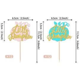 24 piezas de adornos de calabaza, diseño de calabaza, color azul, rosa, con purpurina, calabaza, baby shower, para cosecha de otoño, Acción de Gracias, niños, niñas, fiesta de cumpleaños, decoración de pasteles