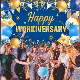 Happy Workiversary Blue Gold Banner Decorations - Employee Appreciation Backdrop for Work Anniversary Celebration