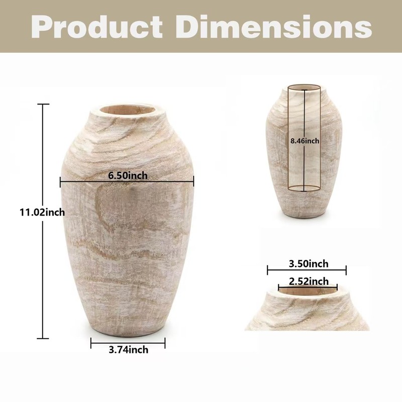 Rustic Handcrafted Wood Decorative Vase, Natural Wood, Farmhouse Style