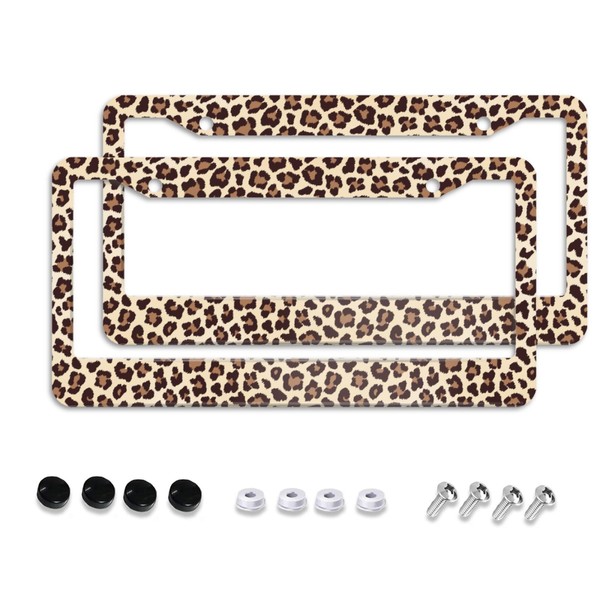 Leopard Print License Plate Frames 2 Pack Aluminum Easy Installation