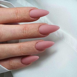 Matte Pink Press on Nails - Almond Shaped Medium Length Neutral Acrylic Reusable Fake Nails for Women, Glue on Stiletto False Soft Gel Artificial Nails