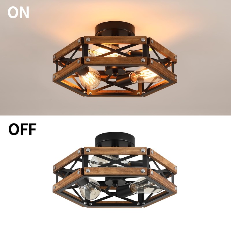 3-Light Rustic Farmhouse Wood Flush Mount Ceiling Light Fixture Oak