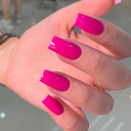 Spring Glossy Hot Pink Press on Nails Medium Short Square,Xcreando Salon Like Coffin Fake Nails with Solid Color,Seamless Soft Gel Stick on Nails for Women,Natural Press-on No Pressure