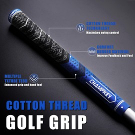 CHAMPKEY Half Cord Golf Grips 13 Pack with Golf Grip Kit - All Weather Performance Golf Club Grips - High Traction and Feedback Golf Grips for Men(Blue,Standard)
