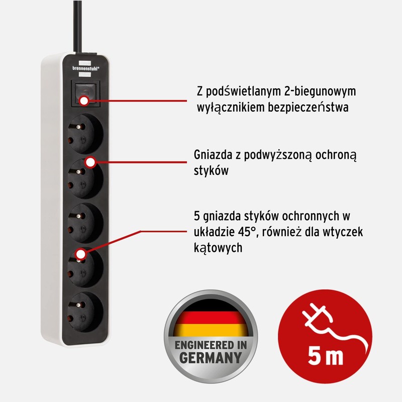Power Strip Ecolor 5-Way White/Black 5.00 m H05VV-F 3G1.5