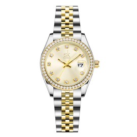 SHENGKE Women's Crystal Accented with Solid Alloy Steel Band Watch Elegant Dress Quartz Calendar Watches for Women (Silver-Gold)