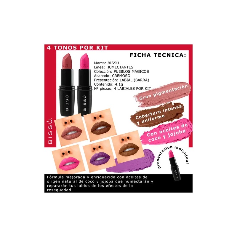 Labial Bissú Formula Humectante - Pack 4 Tonos