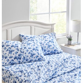 Laura Ashley - Full Sheet Set, Cotton Flannel Bedding, Brushed for Extra Softness & Comfort (Emelisa Blue, Full)