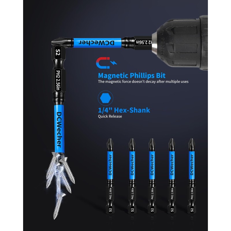 DCWecher 10-Pack Phillips Bits #2 Impact 2.5" Long, Magnetic Phillips