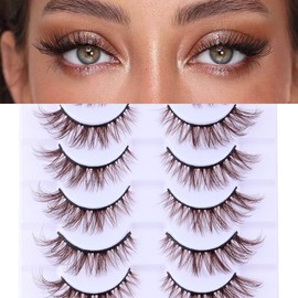 Brown Lashes Natural Cat Eye Lashes Wispy Eyelashes 16mm False Eyelashes Wispy Lashes 3D Volume Strip Eyelashes Thin Cotton Band Soft Fake Eyelashes False Lashes Pack 10 Pairs Reusable la shes