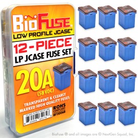 BioFuse 20A Low Profile JCASE 12-Piece Cartridge Fuse Assortment. Fits Most: Nissan, Toyota, Chrysler, Dodge, Chevy, GM, and Ford
