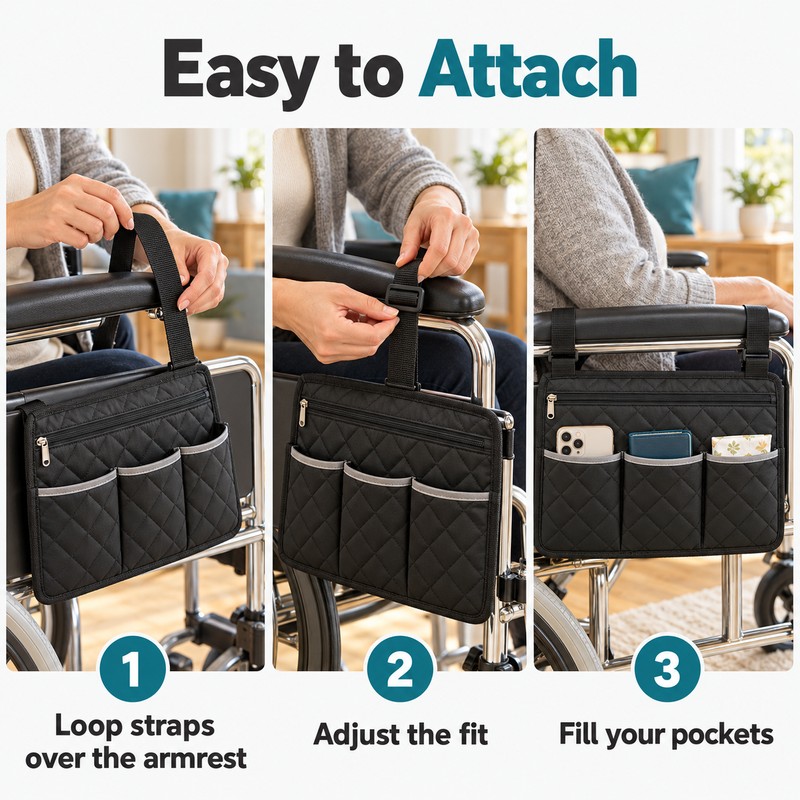 Wheelchair Side Bag – Black Armrest Organizer Pouch with 3