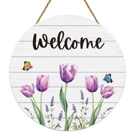 Spring Decorations for Home Front Door Decor Tulip Wreath Butterfly Wreaths for Front Door Wooden Spring Welcome Sign Hanger for Wall Porch Indoor Home Decor(Purple)