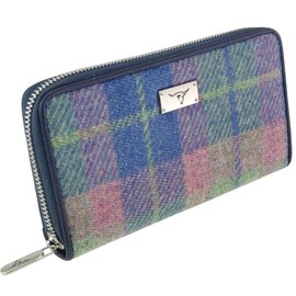 Glen Appin Harris Tweed Staffa Long Zip Purse in Soft Blue and Pink Tartan LB2100-COL135