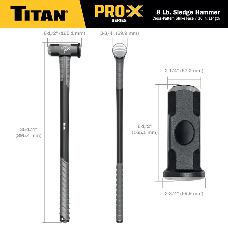 Titan Pro-X 63018 8lb Sledge Hammer, Dual-Face Sledge with Cross-Pattern