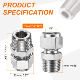 sourcing map 2pcs Compression Fitting 1/2" Tube OD x 1/2" NPT Male Thread Stainless Steel Straight Coupler Adapter Compression Tube Pipe Fitting Connector for Oil Gas Water