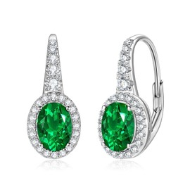 Sterling Silver Leverback Emerald Earrings for Women, Lab Created 5x7MM Oval Cut Drop Earrings Hypoallergenic May Birthstone White Gold Plated Jewelry Gifts for Her