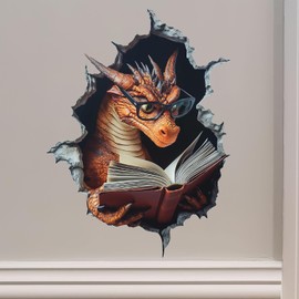 Dragon Reading Wall Decal, Bookworm Fantasy Art Sticker, 4.4W x 6H inches