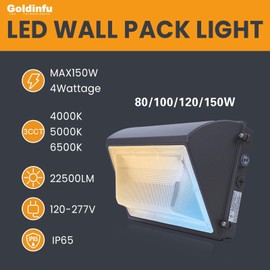150W LED Wall Pack Light with Photocell, 4000/5000/6500K 3CCT, 80/100/120/150W Selectable, 22500LM Outdoor Wall Pack LED Exterior Light for Building Yard Warehouse, DIM, 100-277VAC, ETL Listed